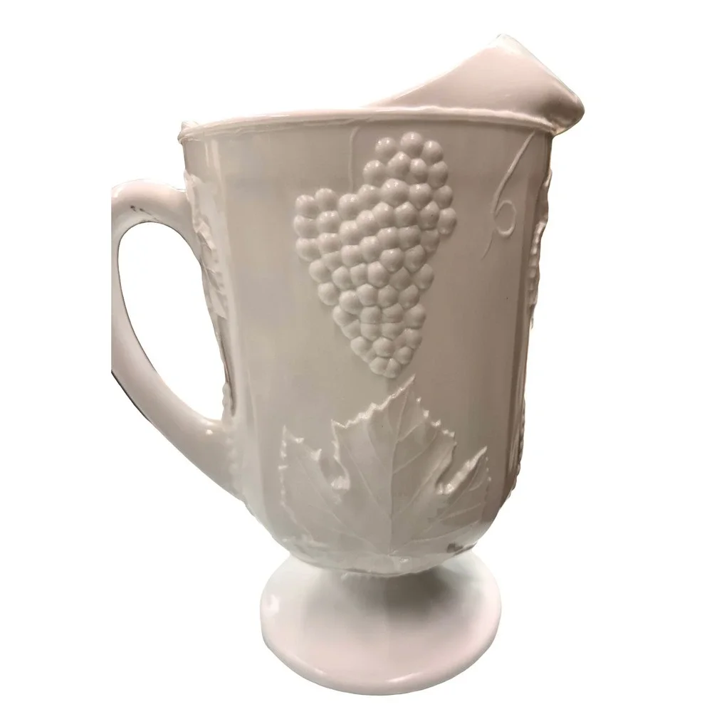 Vintage White‎ Milk Glass Grape Harvest Pedestal Pitcher Vase Planter 9